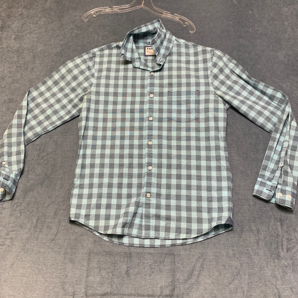 Express Shirt Mens Small Blue Gray Plaid Button-Down Long Sleeve Chest Pocket